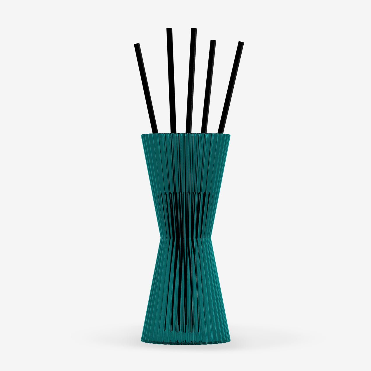Teal diffuser with black sticks on a white background