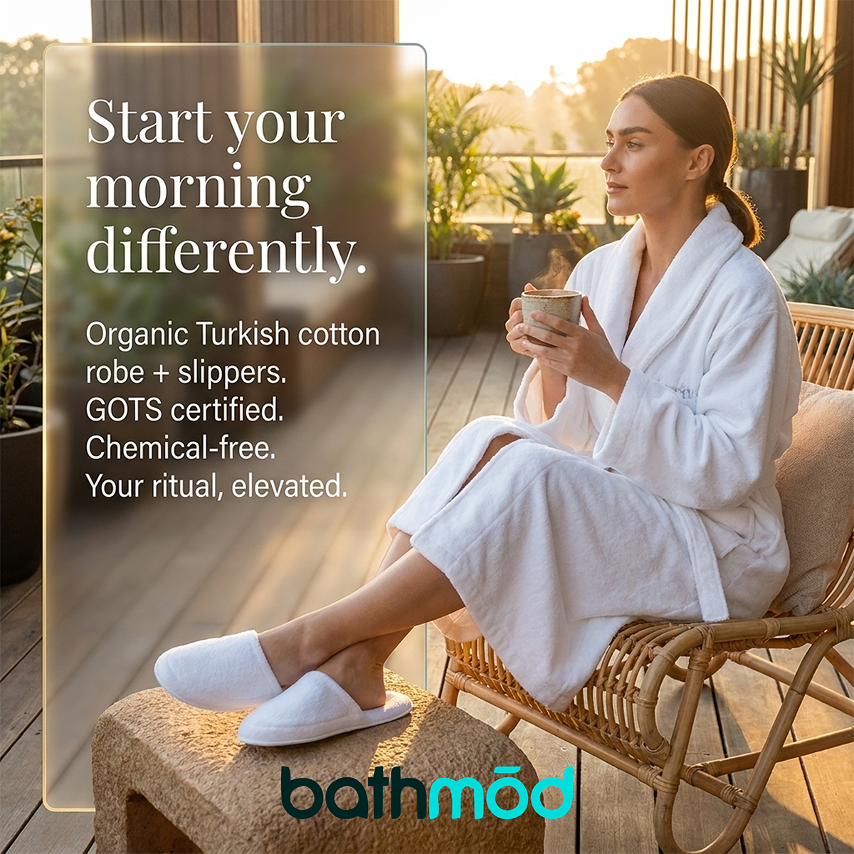 Woman in a white bathrobe and slippers sitting on a chair outdoors, holding a cup.