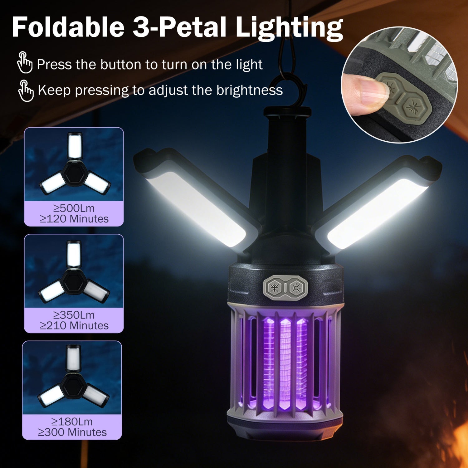 Outdoor Bug Zapper & Foldable Camping Lantern – USB-C Rechargeable, 3-in-1 Mosquito Killer