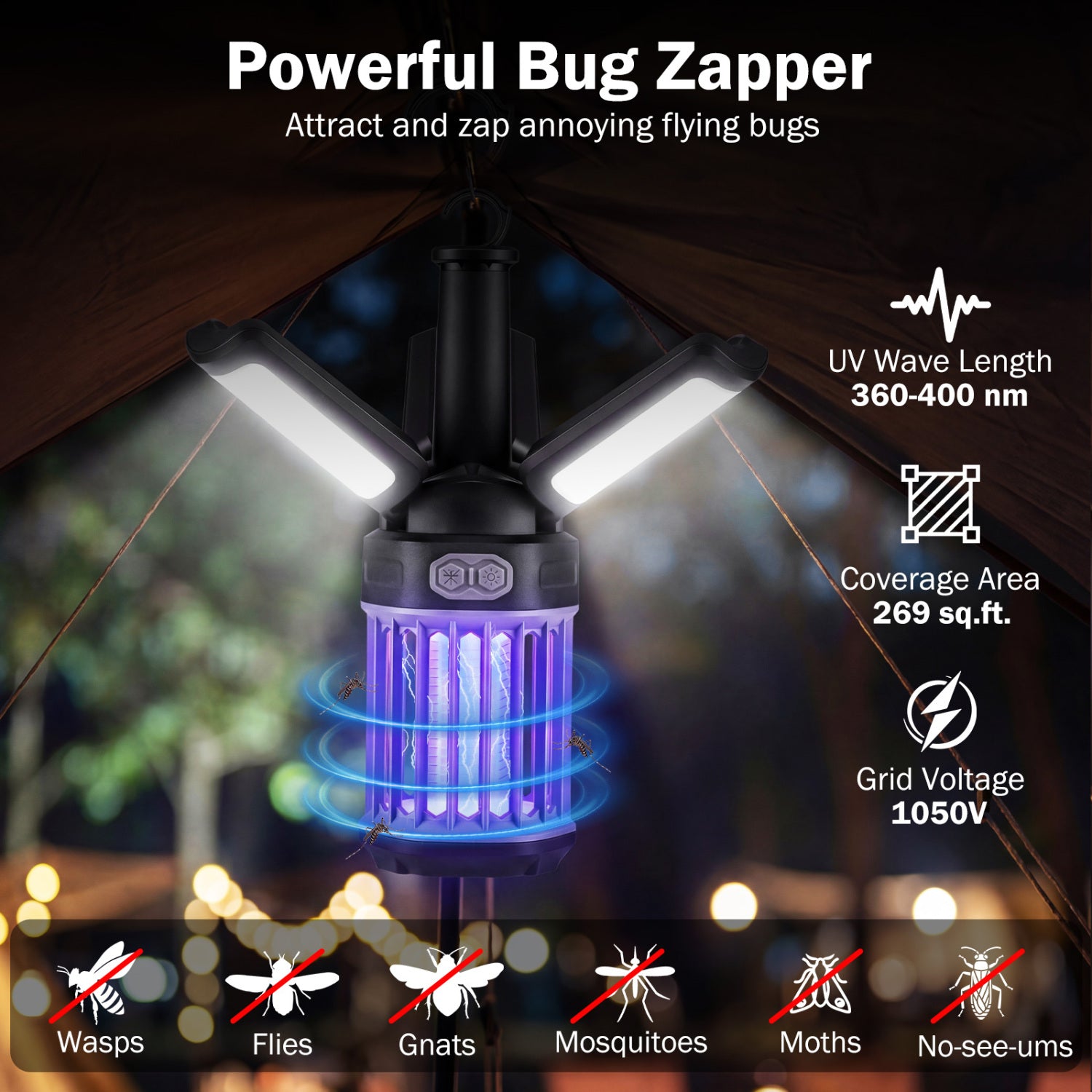 Outdoor Bug Zapper & Foldable Camping Lantern – USB-C Rechargeable, 3-in-1 Mosquito Killer