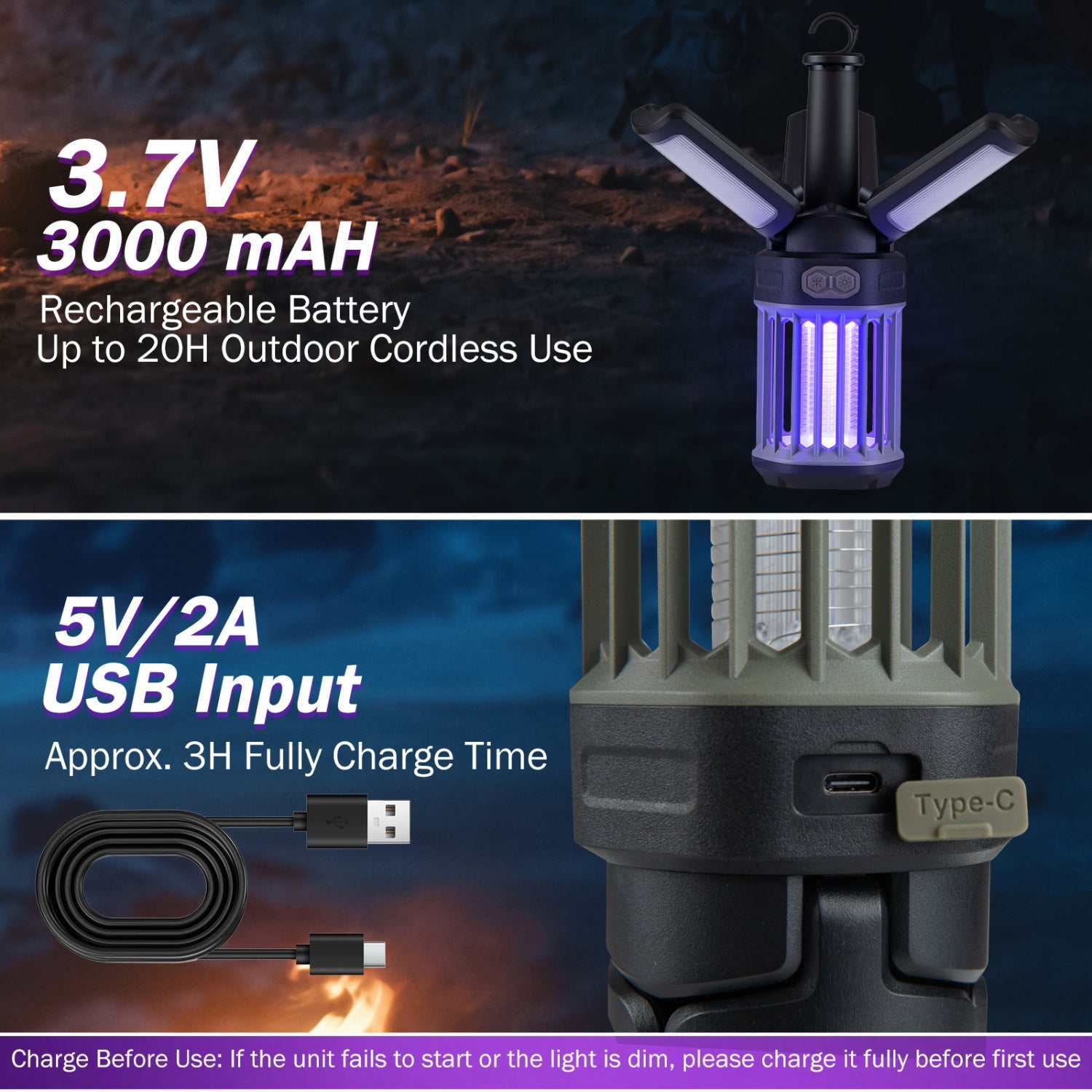Outdoor Bug Zapper & Foldable Camping Lantern – USB-C Rechargeable, 3-in-1 Mosquito Killer