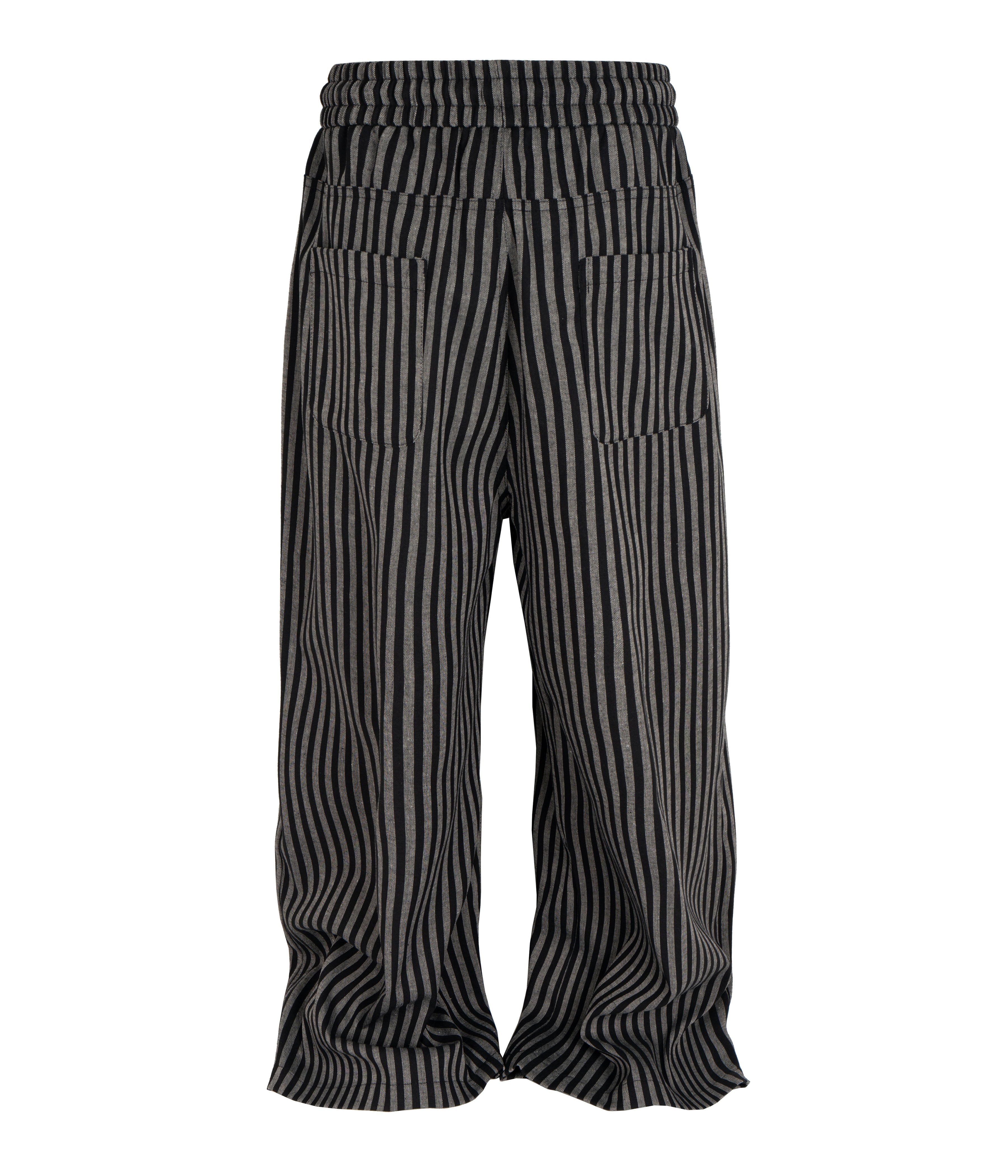 Black and white striped wide-leg pants on a white background