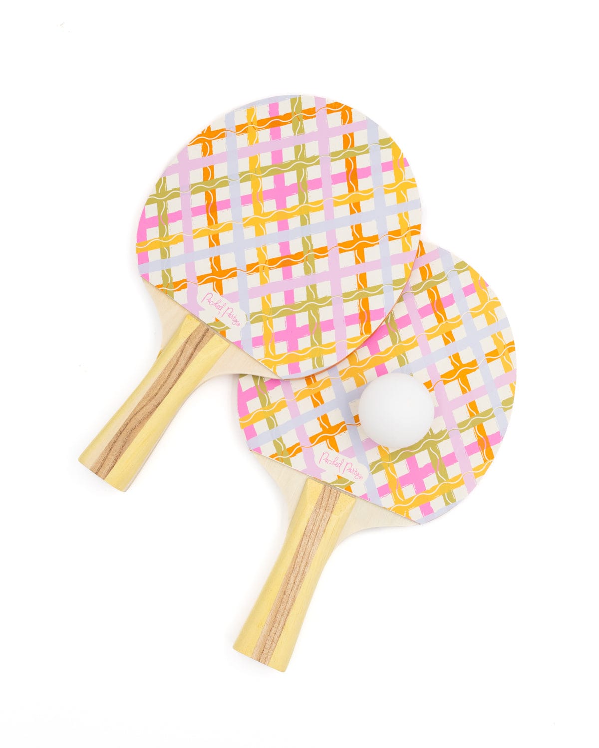 Two colorful ping pong paddle sets with a white background