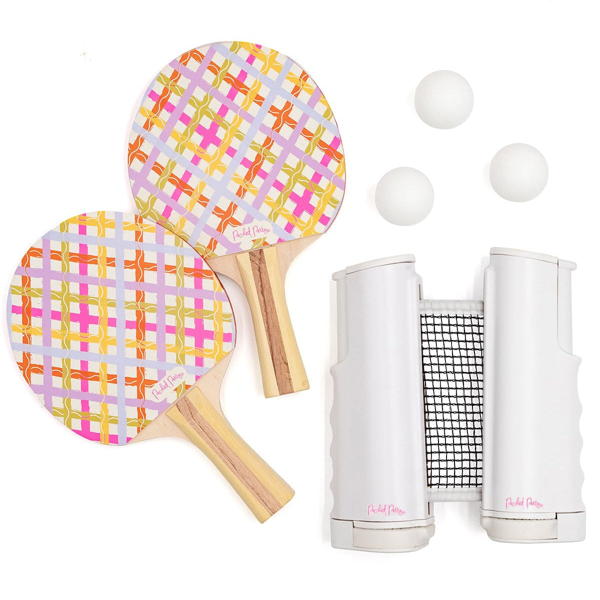 Two patterned ping pong paddles with three white balls and a white paddle holder on a white background.