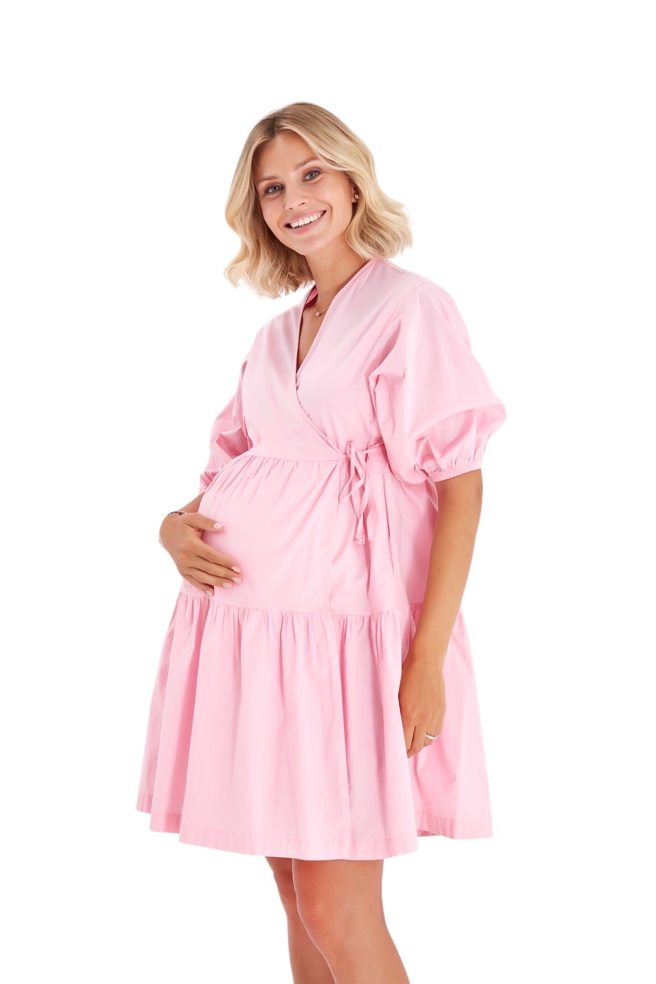 Maternity & Nursing Wrap Dress – Puff Sleeve A-Line Cotton Dress