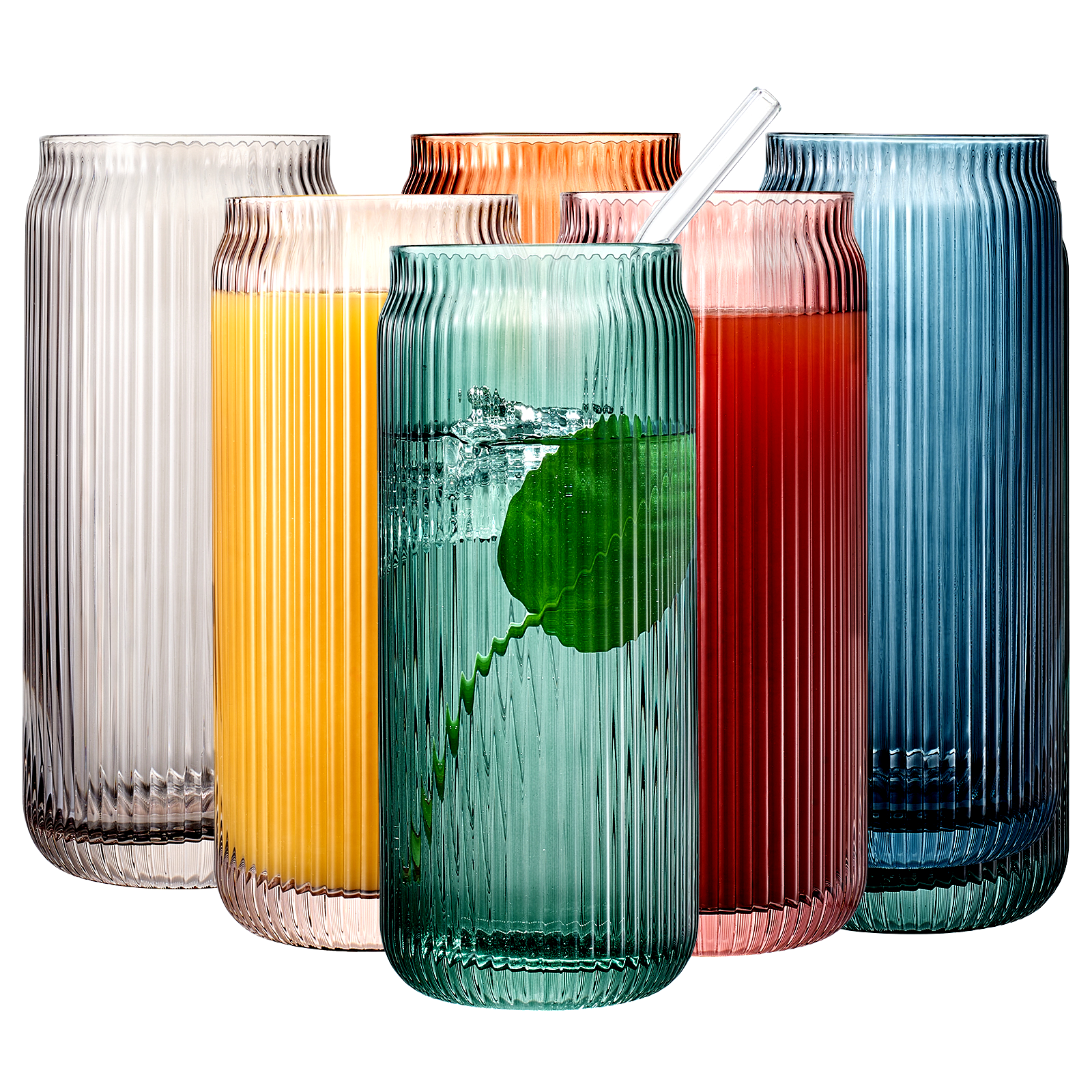 Rippen-Highballgläser im Dosen-Design mit Glasstrohhalmen – 6er-Set