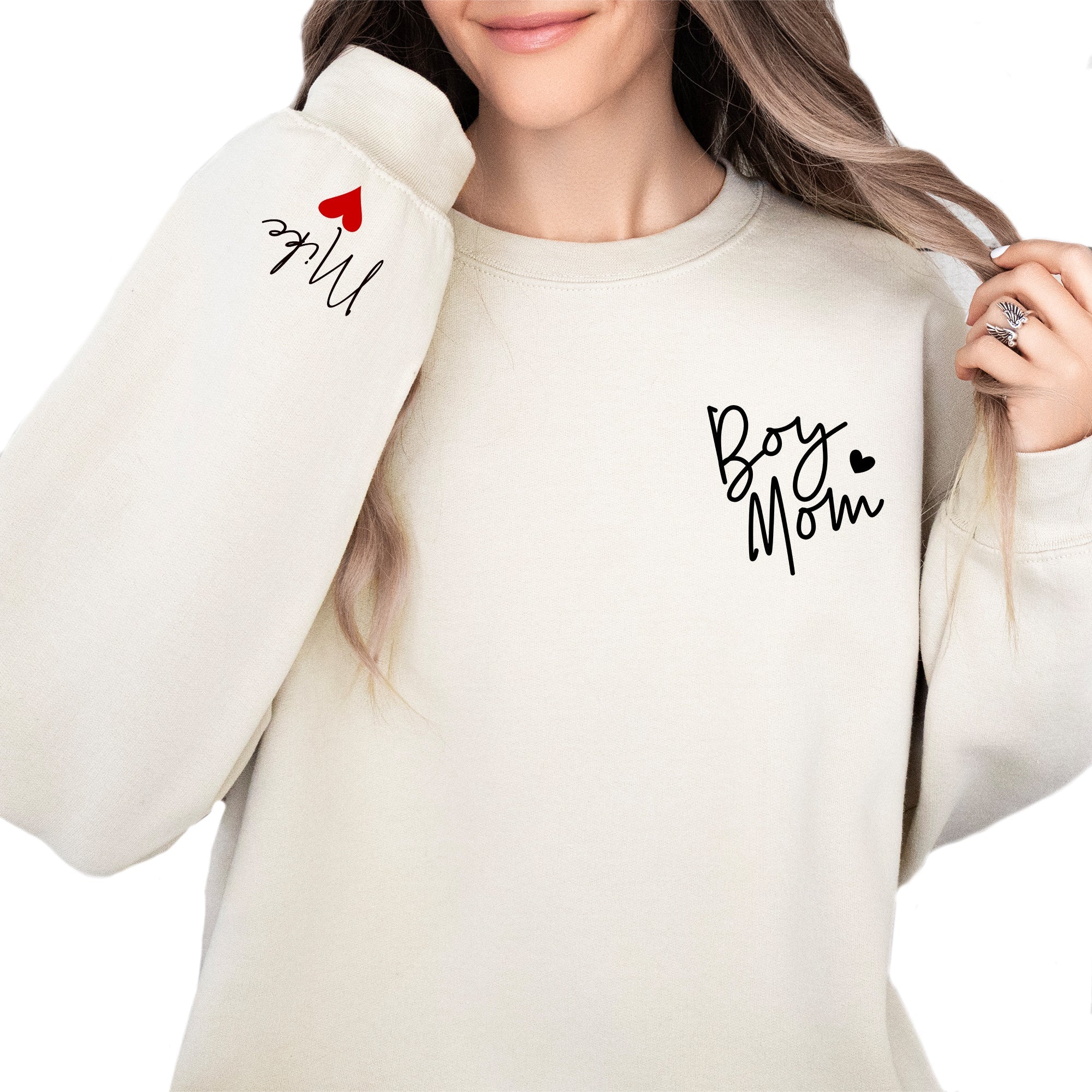 Personalized Boy Mom Sweatshirt with Kids' Names on Sleeve