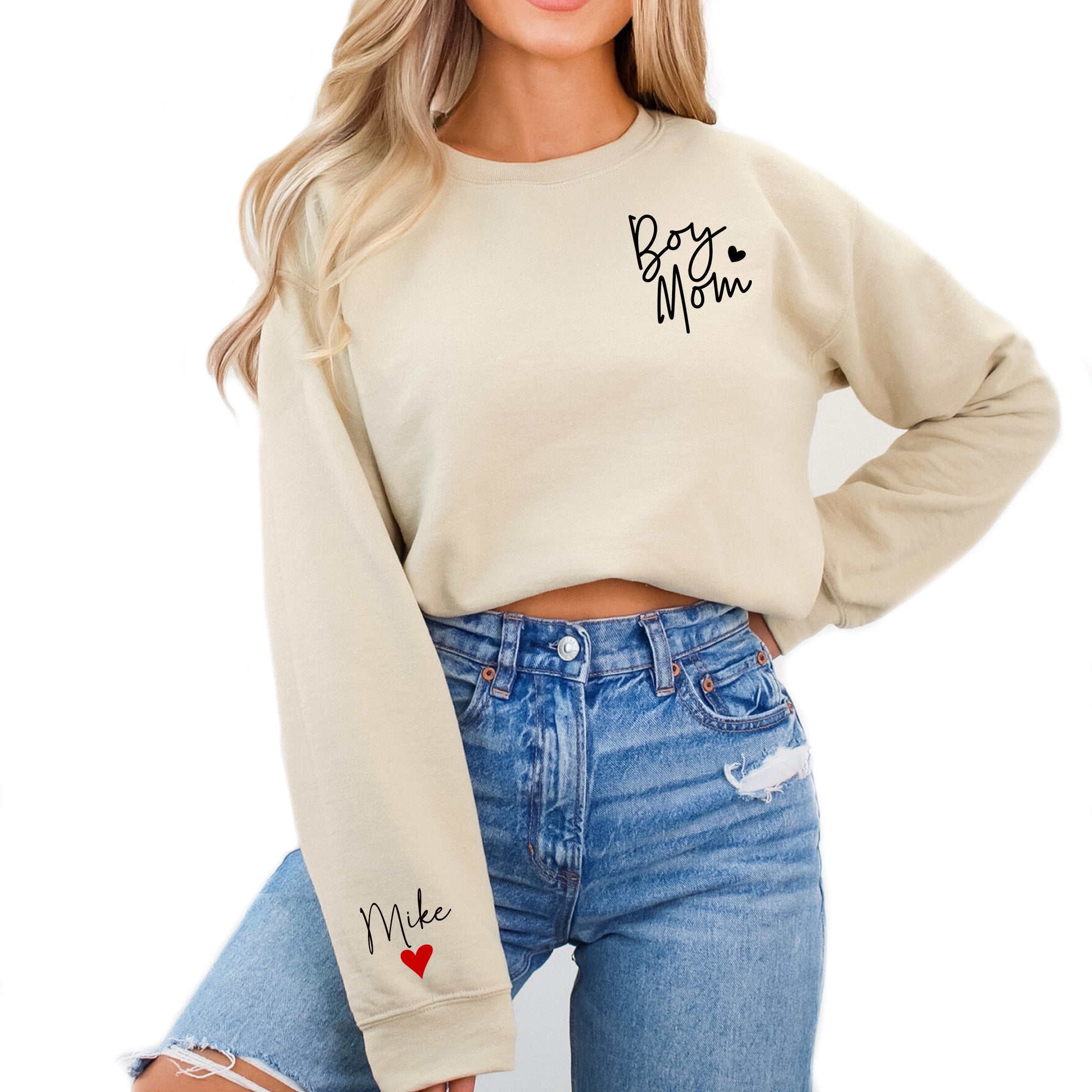 Personalized Boy Mom Sweatshirt with Kids' Names on Sleeve