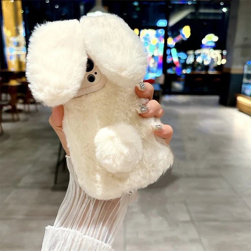 3D Bunny iPhone Case with Lanyard – Plush Furry Rabbit Ear Phone Cover