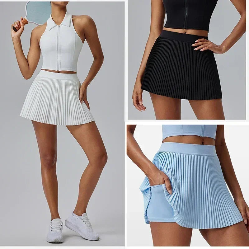 Three images of women wearing different colored pleated skirts with matching tops on a gray background.