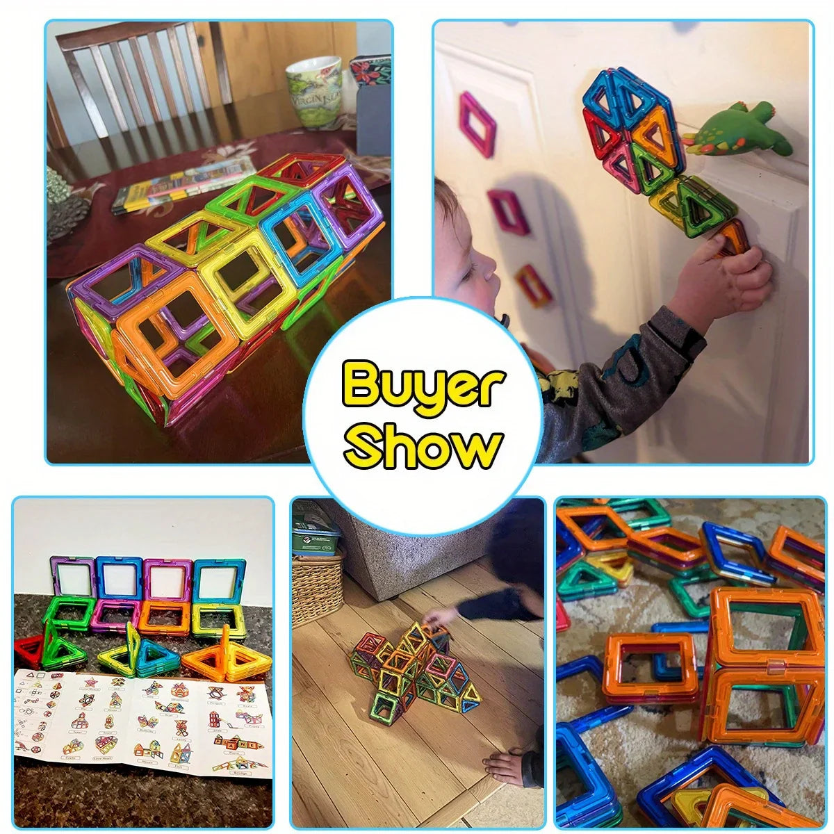 Collage of colorful magnetic building toys being used by children in various settings.