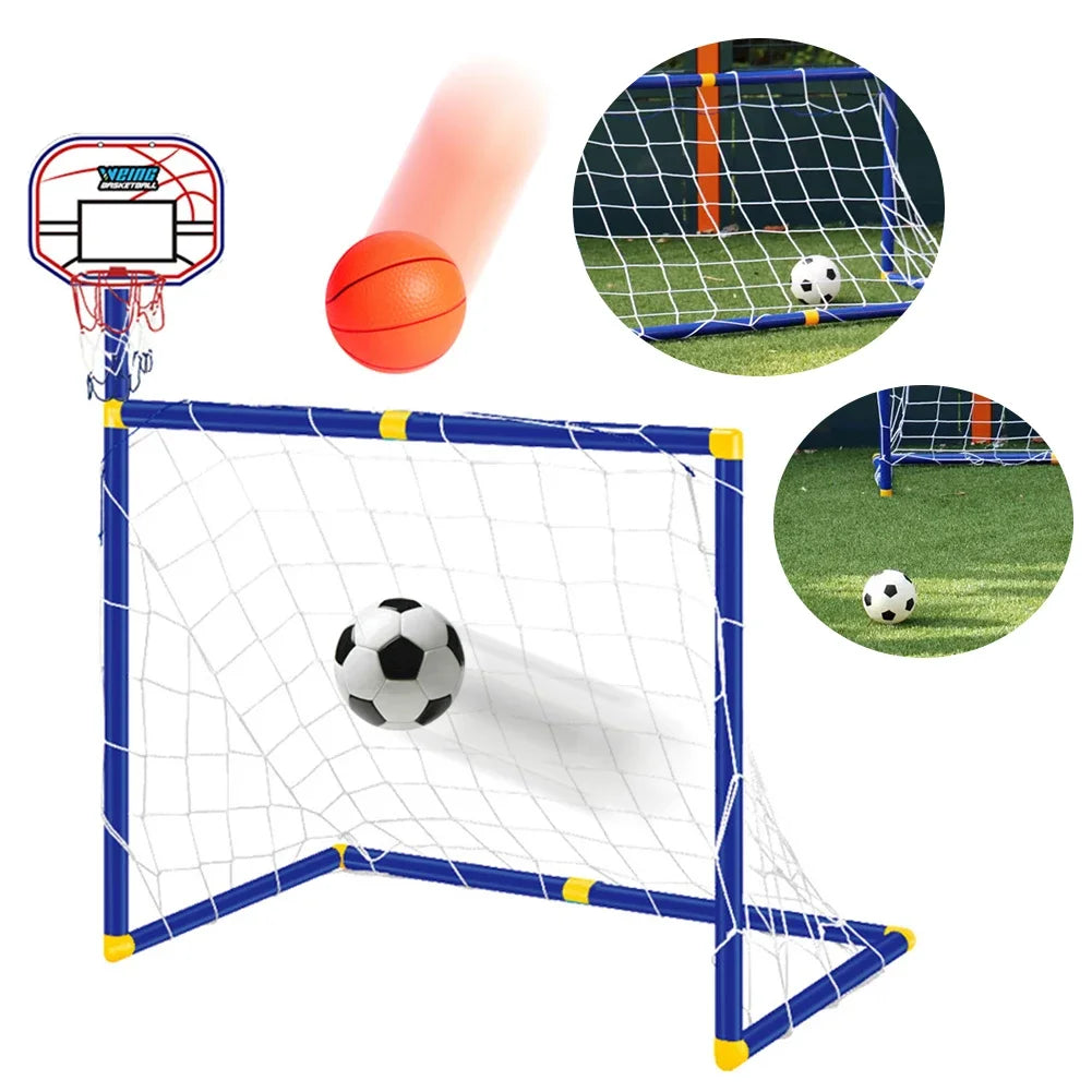 Multi-sport play set with basketball hoop, soccer goal, and additional sports equipment on a white background.