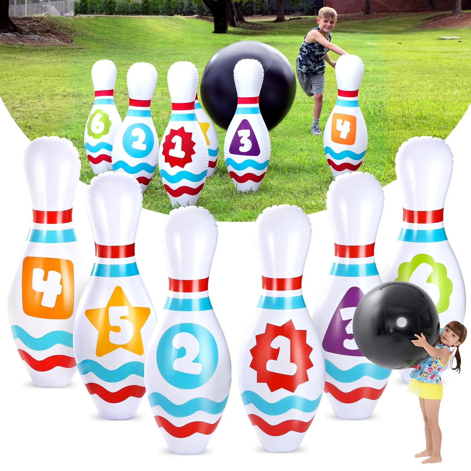 Inflatable bowling pins with numbers and children playing in the background