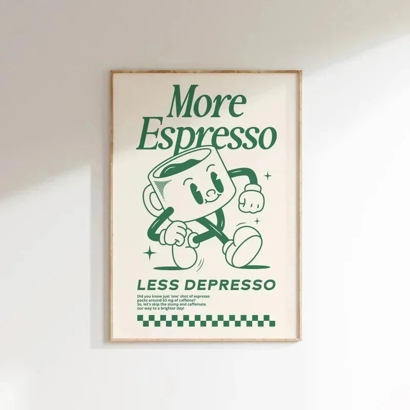 More Espresso Less Depresso Wall Art – Retro Coffee Quote Print for Kitchen & Home Café