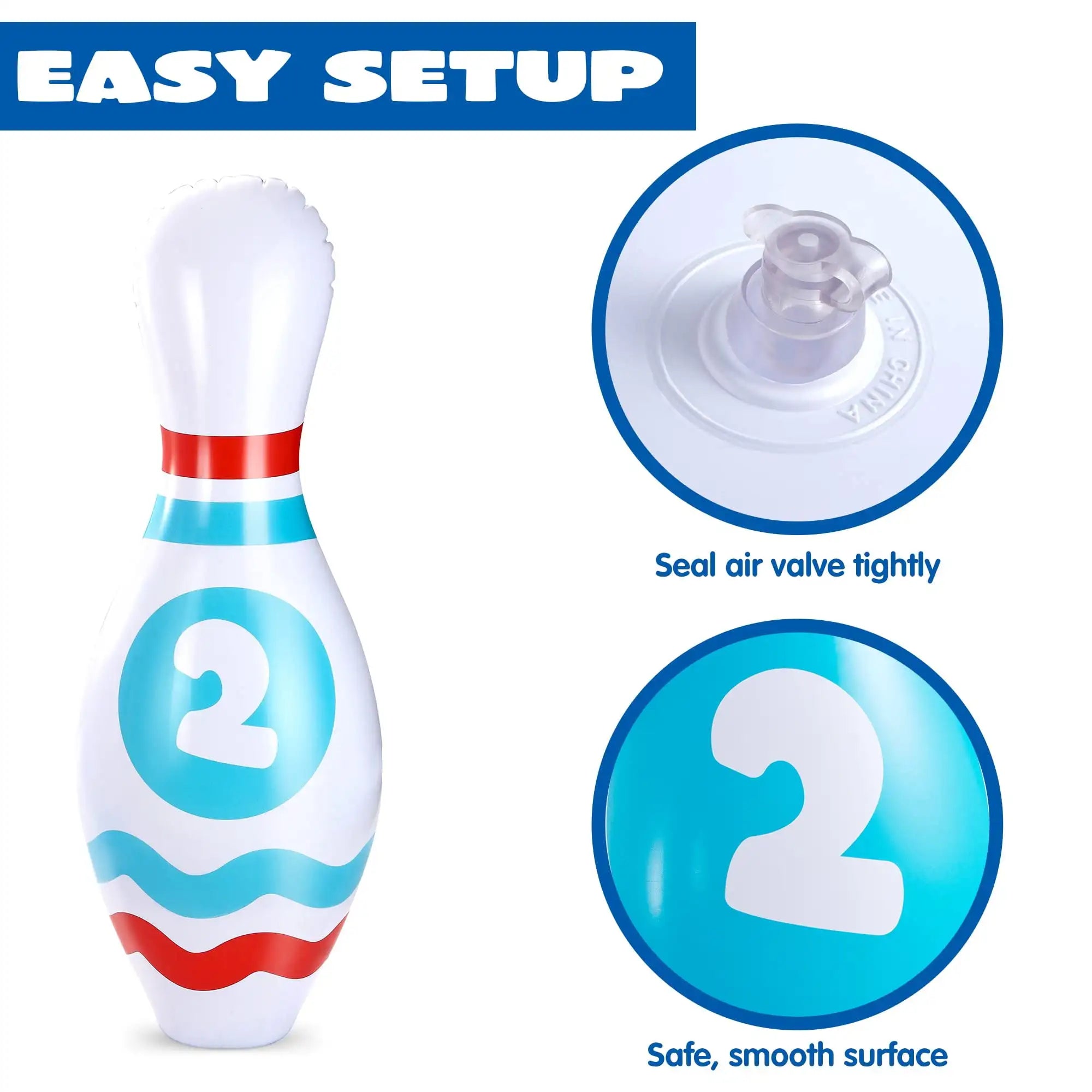 Inflatable bowling pin with instructions on setup on a white background
