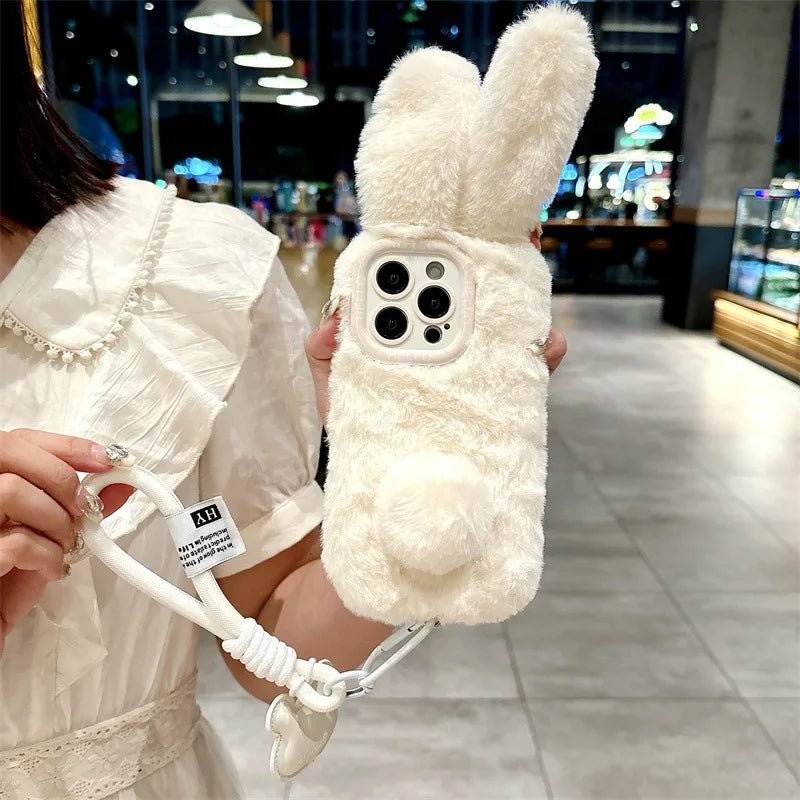 3D Bunny iPhone Case with Lanyard – Plush Furry Rabbit Ear Phone Cover