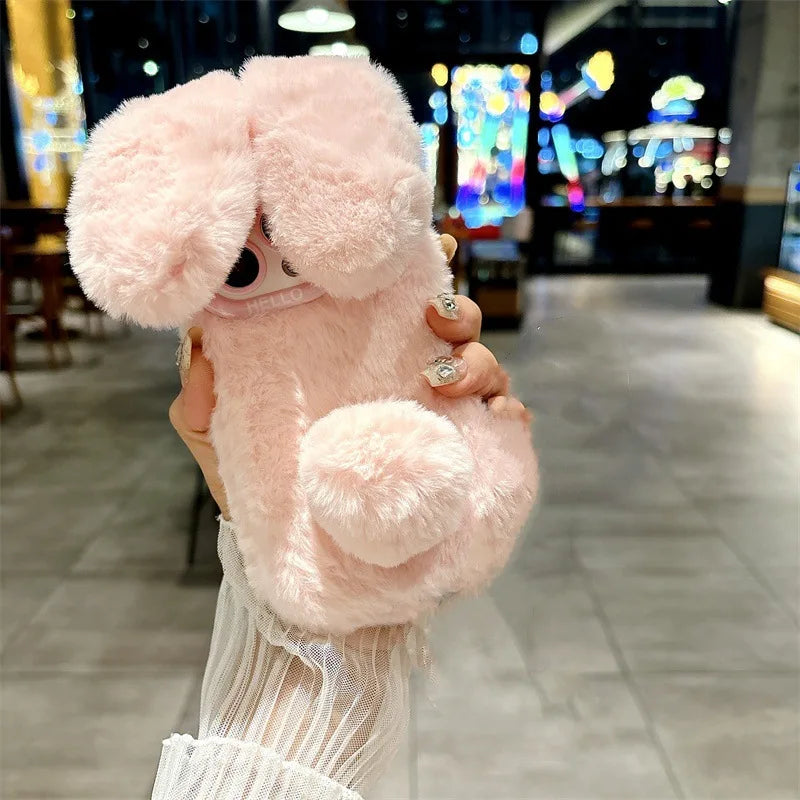 3D Bunny iPhone Case with Lanyard – Plush Furry Rabbit Ear Phone Cover