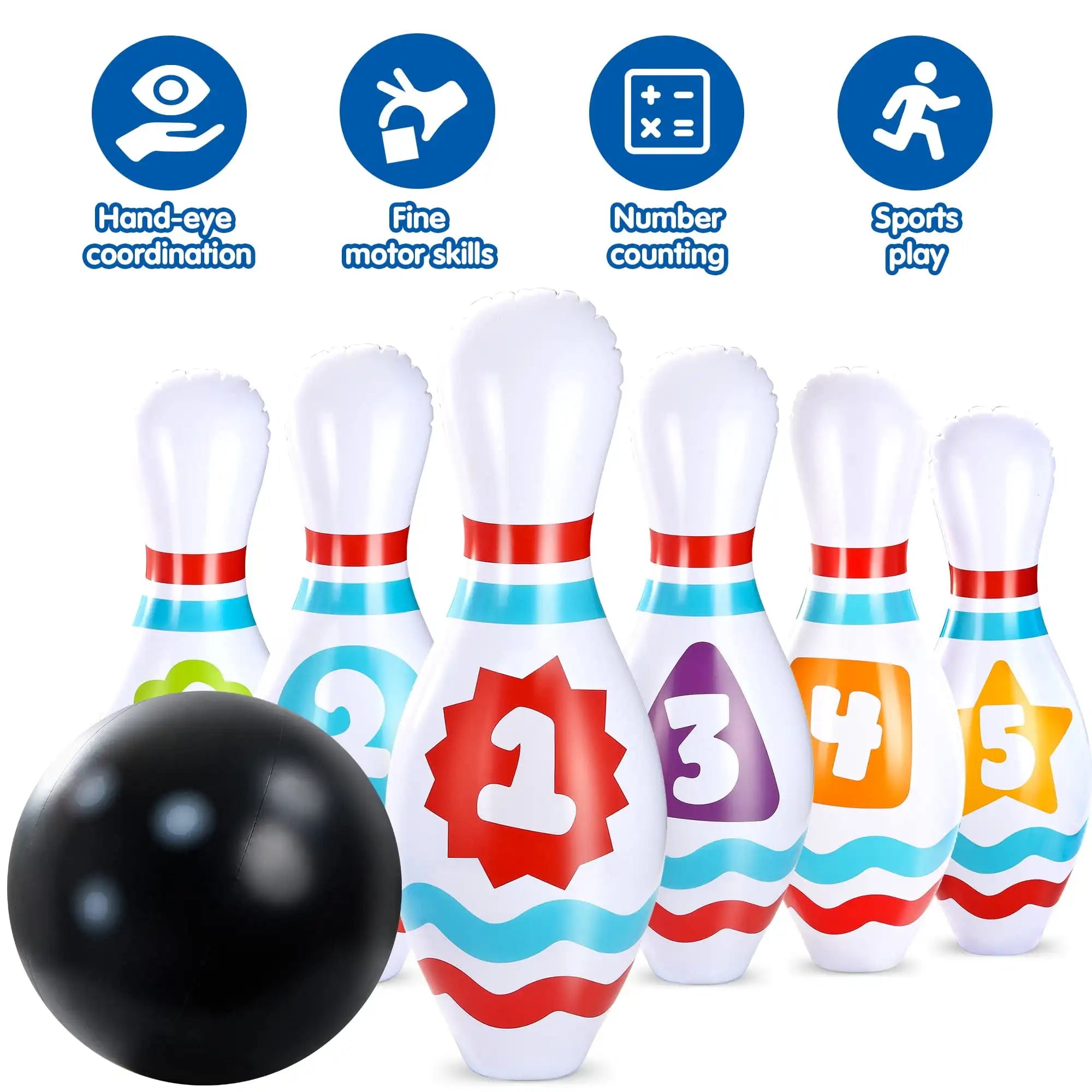Colorful bowling pins with numbers and a black ball on a white background, featuring icons for hand-eye coordination, fine motor skills, number counting, and sports play.