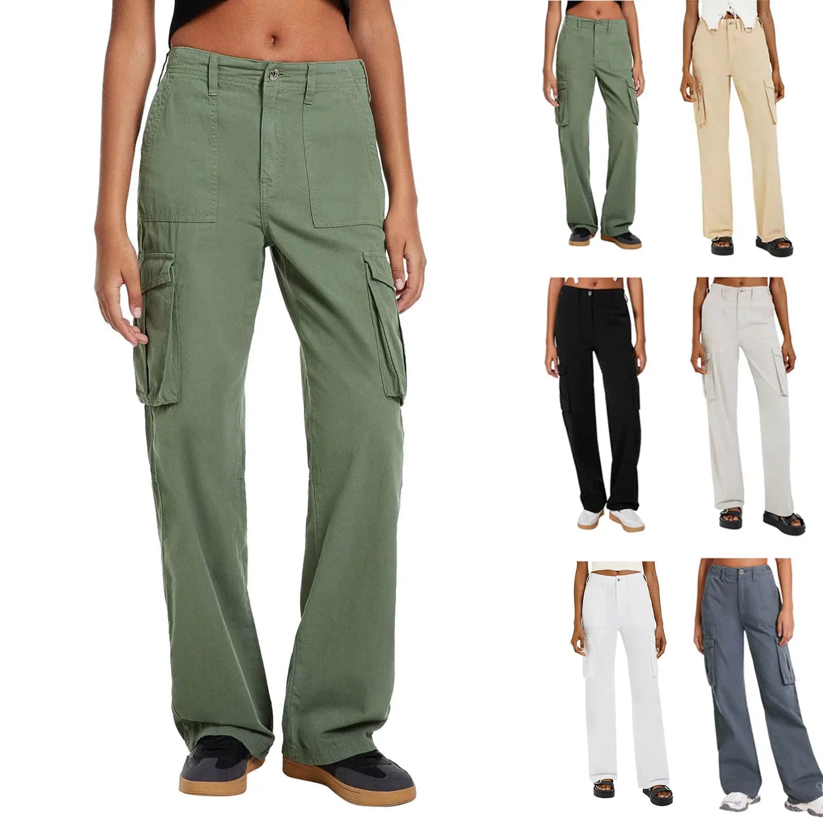 Collage of cargo pants in various colors worn by models on a white background