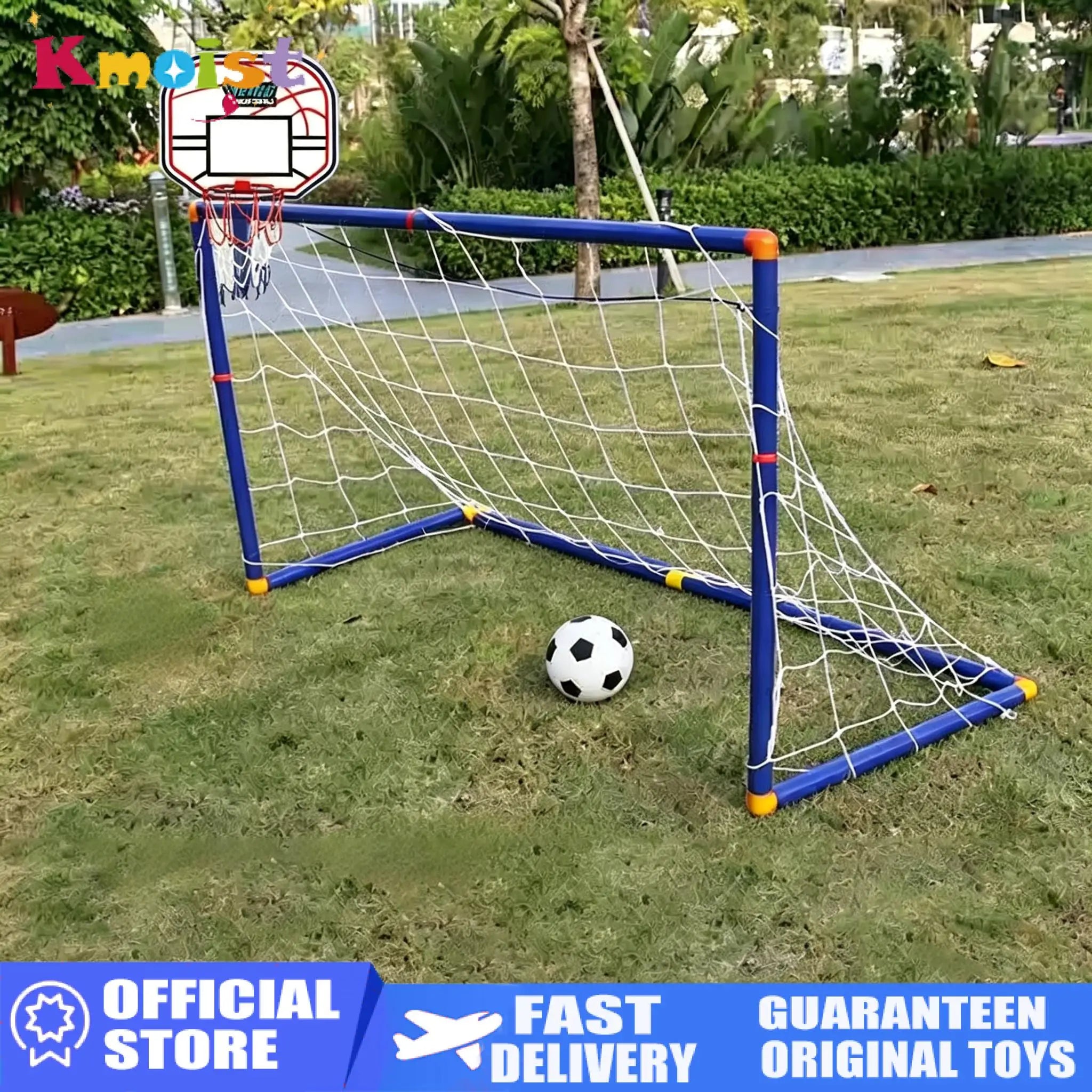 Children's soccer goal with ball on grass, with attached basketball hoop.  branded 'Kmosk'.