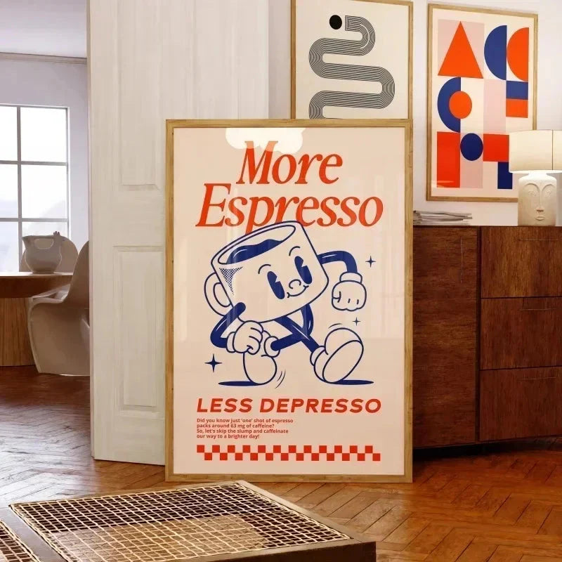 More Espresso Less Depresso Wall Art – Retro Coffee Quote Print for Kitchen & Home Café