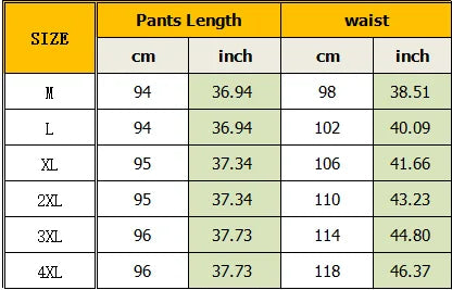 Table displaying pants length and waist measurements in centimeters and inches for various sizes.