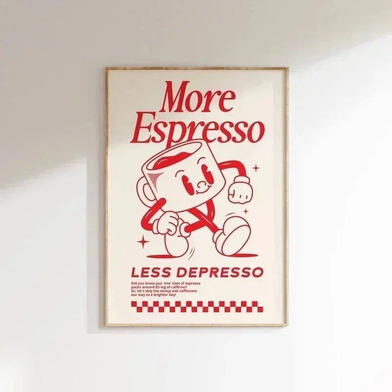 More Espresso Less Depresso Wall Art – Retro Coffee Quote Print for Kitchen & Home Café