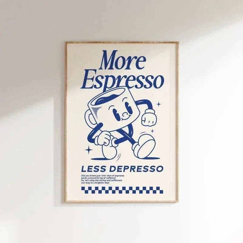 More Espresso Less Depresso Wall Art – Retro Coffee Quote Print for Kitchen & Home Café
