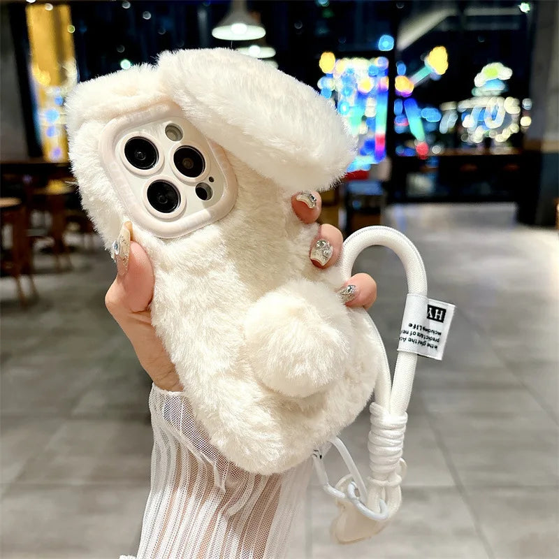 3D Bunny iPhone Case with Lanyard – Plush Furry Rabbit Ear Phone Cover