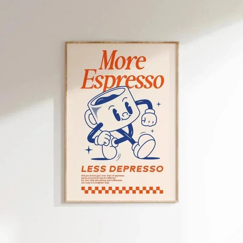More Espresso Less Depresso Wall Art – Retro Coffee Quote Print for Kitchen & Home Café