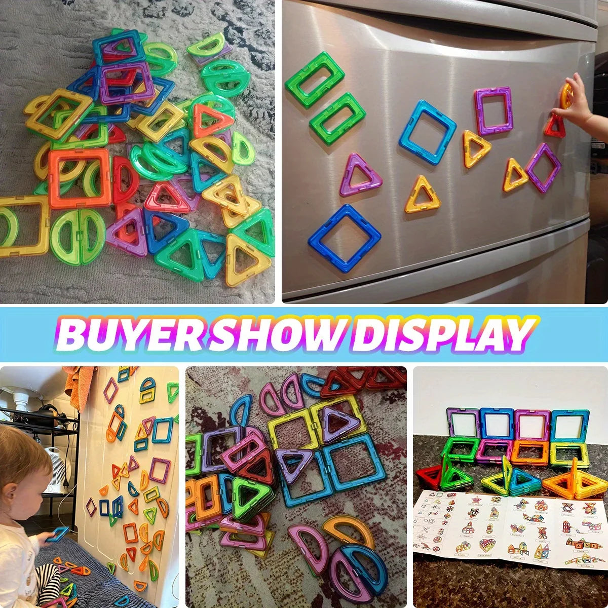 A collage showing colorful magnetic shape building blocks in use and displayed. The top-left panel shows a pile of loose multicolor shapes on a rug; the top-right panel shows several shapes attached to a stainless steel refrigerator, with a hand placing a piece.