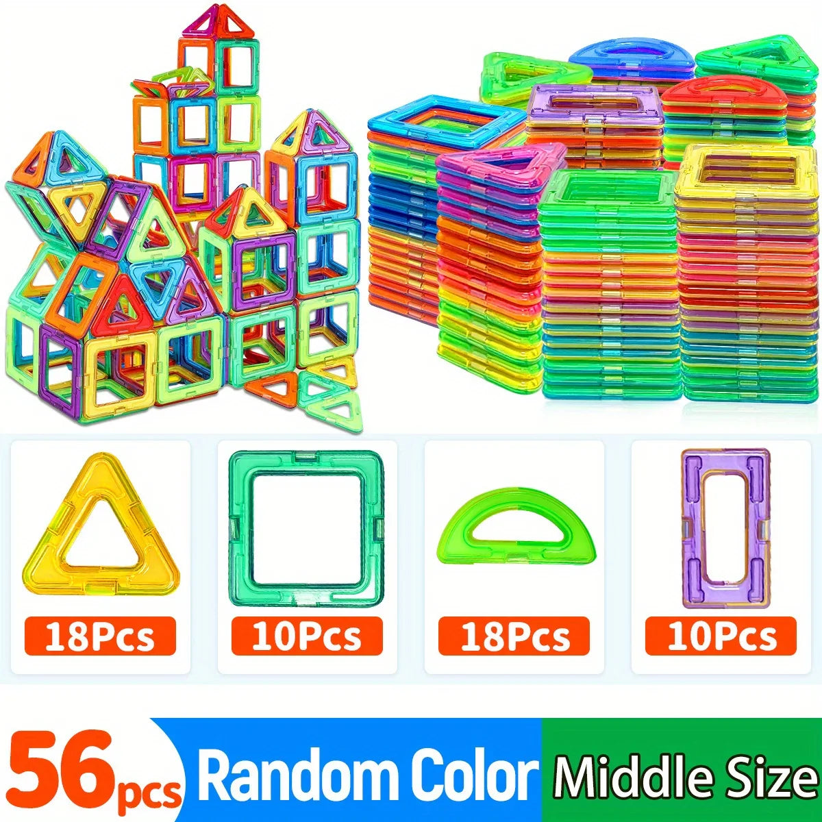 Colorful magnetic building blocks set with different shapes and sizes on a white background.