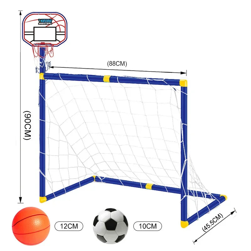 Children's sports set with basketball hoop, soccer goal, basketball, and soccer ball on a white background.