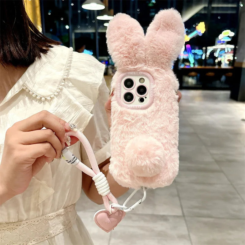 3D Bunny iPhone Case with Lanyard – Plush Furry Rabbit Ear Phone Cover