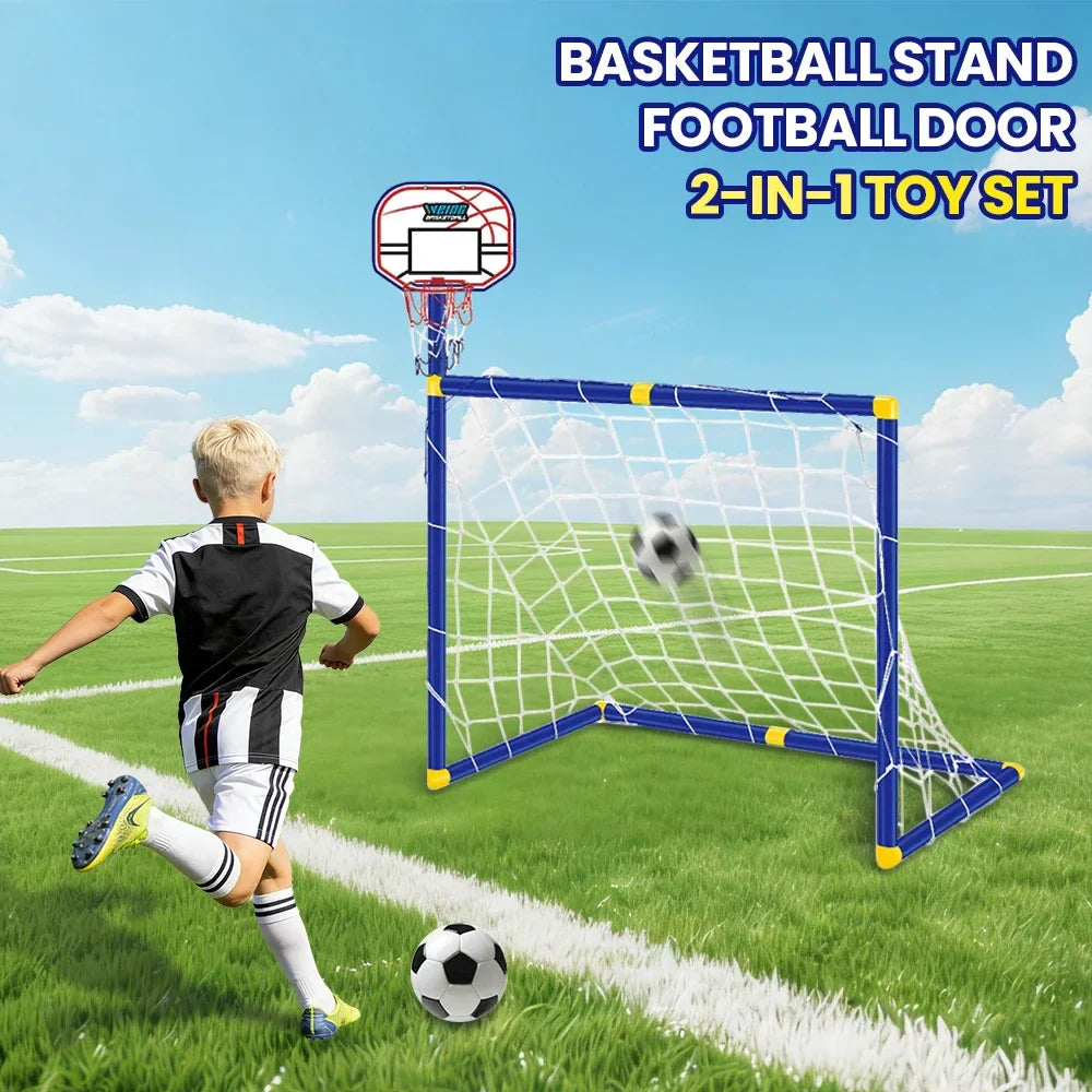 Child playing with a soccer ball near a 2-in-1 toy set combining a basketball stand and football goal.