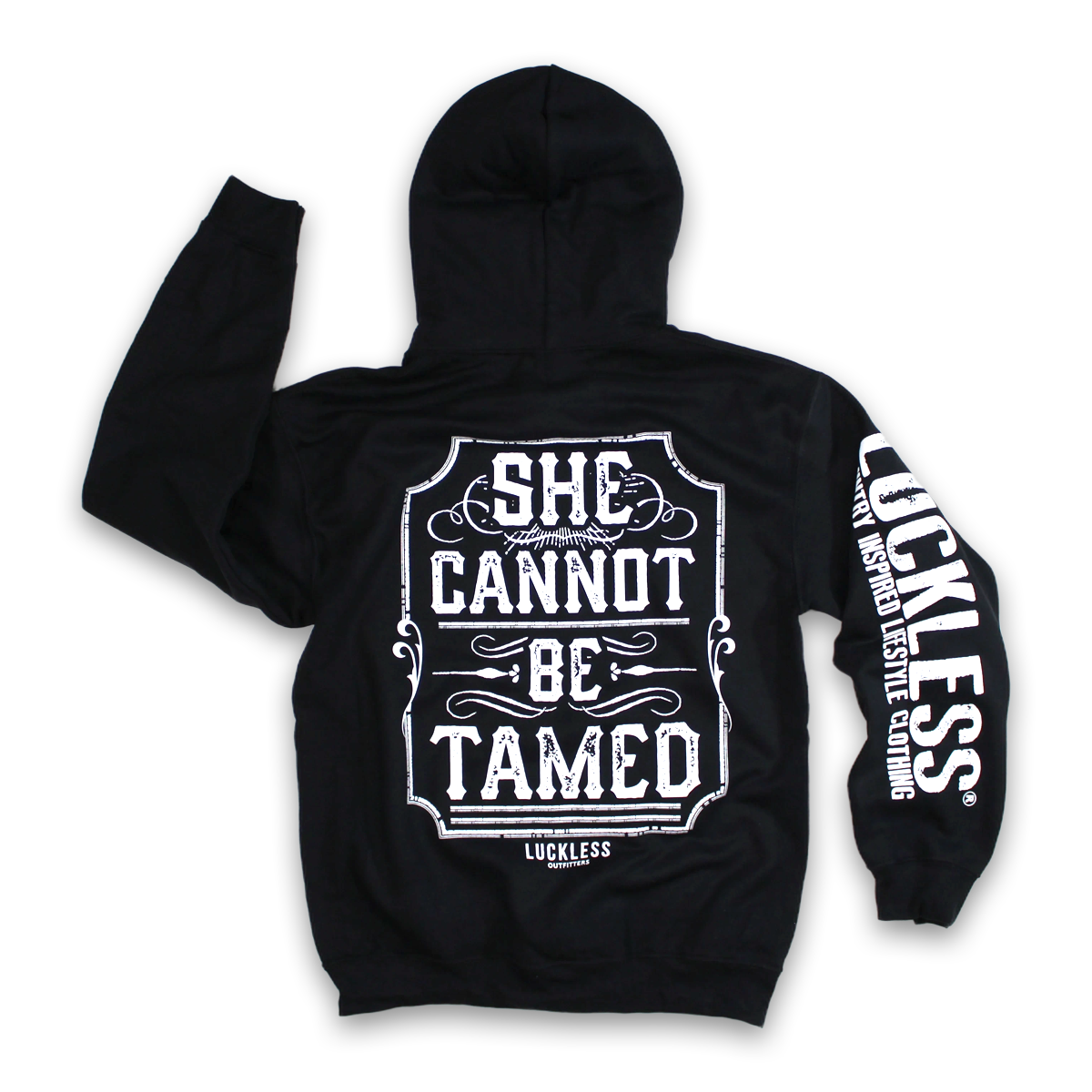 Black hoodie with 'She Cannot Be Tamed' text on the back and 'Luckless' branding on the sleeve.