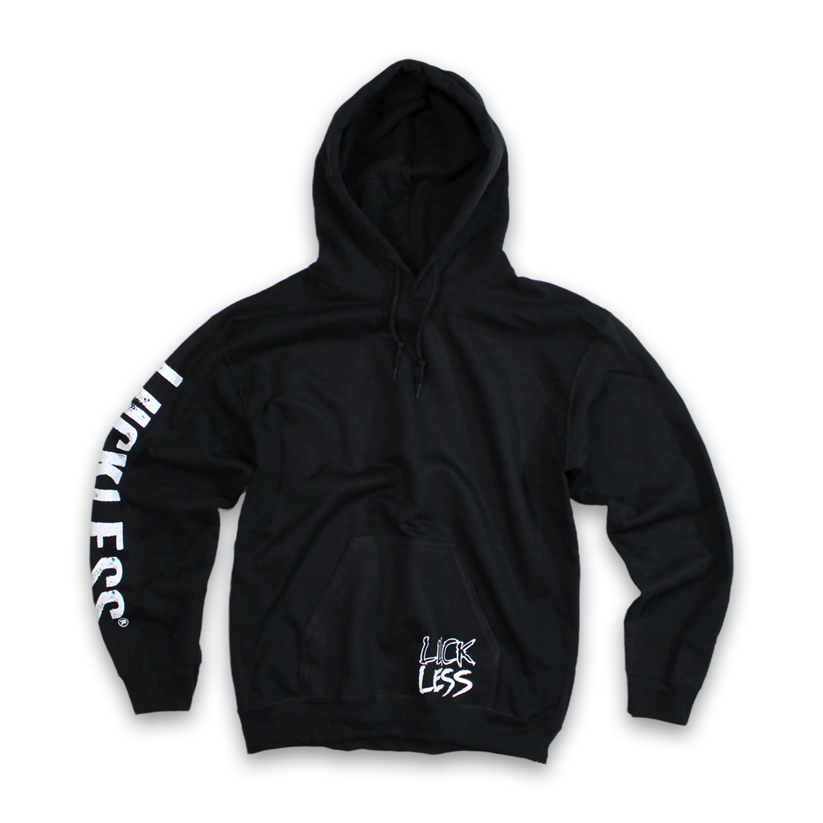 Black hoodie with 'Lick Less' branding on sleeves and chest against a white background