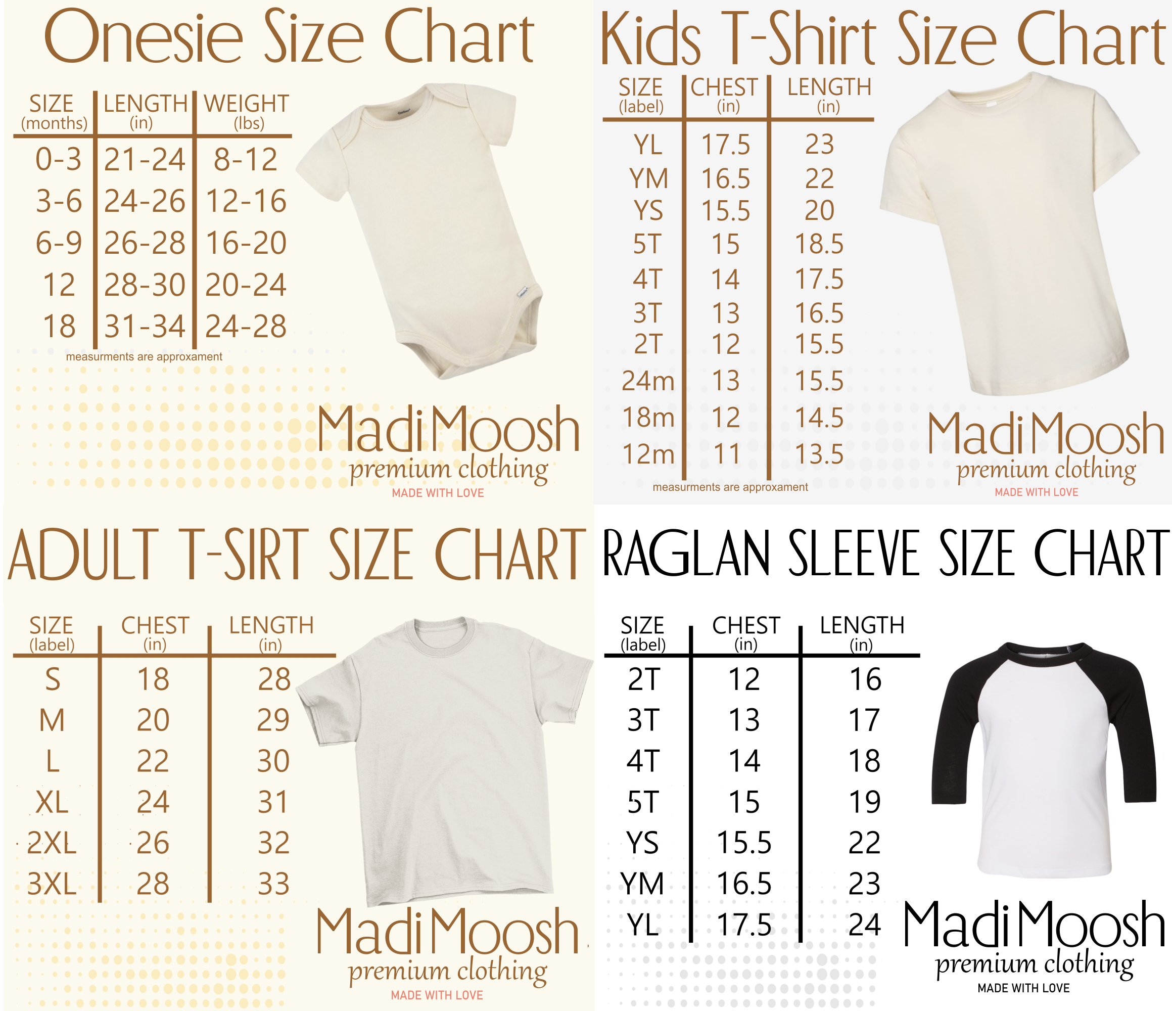 Size chart for onesies, kids t-shirts, and adult t-shirts with Madi Moosh branding.