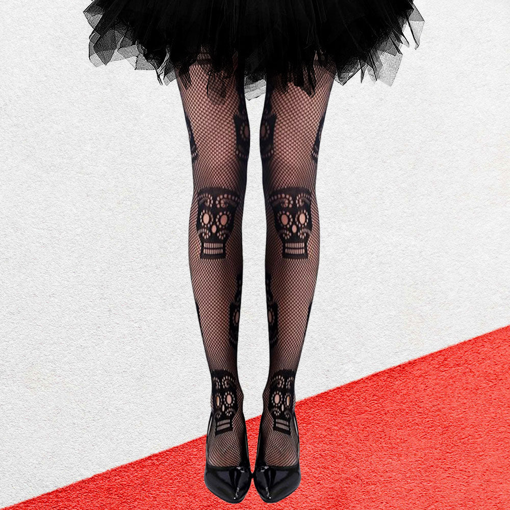 Day of the Dead Sugar Skull Fishnet Tights | Black Halloween Costume Accessory