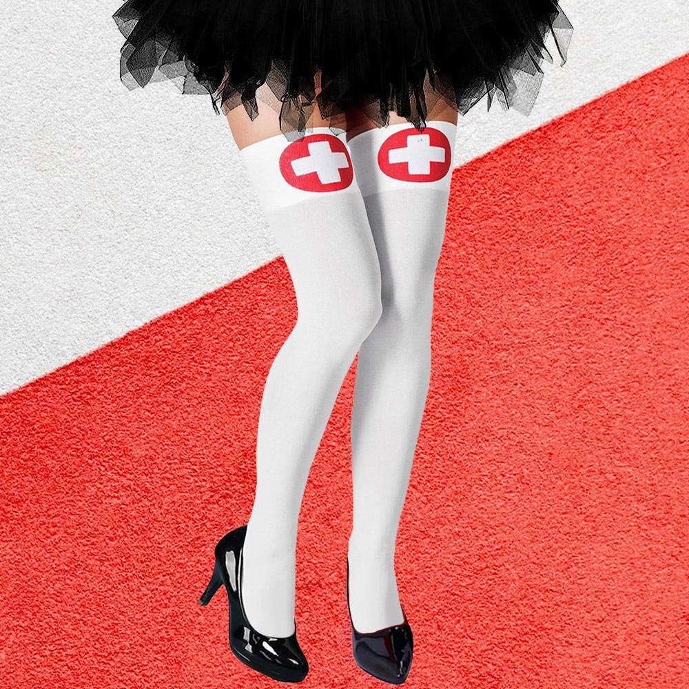 Nurse Halloween Costume Thigh-High Tights | White & Red Cross Stockings