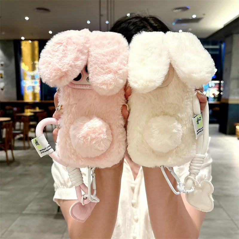 3D Bunny iPhone Case with Lanyard – Plush Furry Rabbit Ear Phone Cover