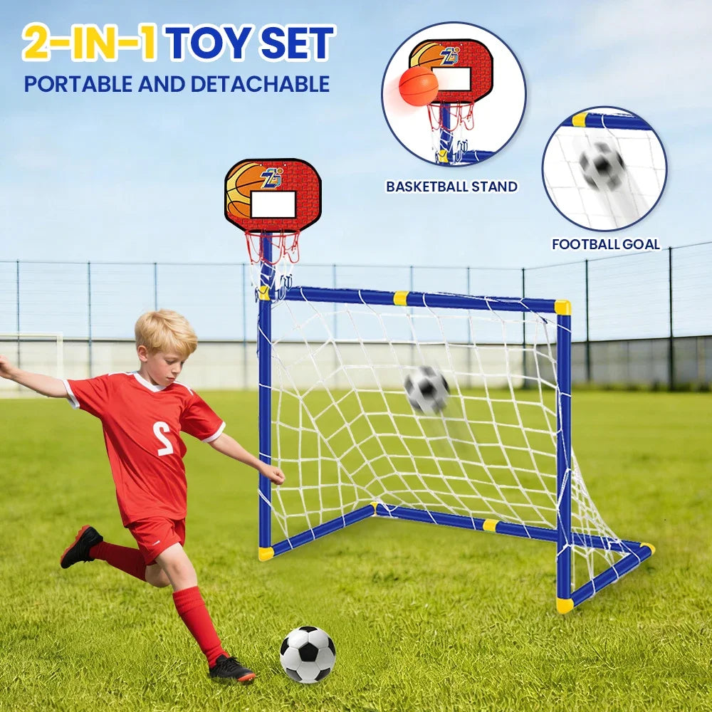 Child playing with a 2-in-1 toy set combining a soccer goal and basketball stand on a grassy field.