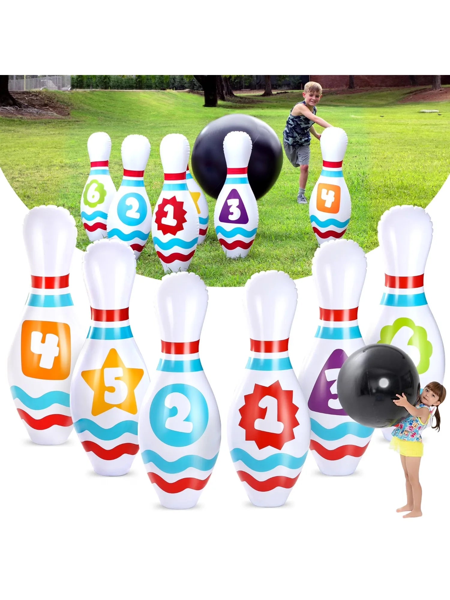 Colorful inflatable bowling pins with numbers and letters on a grassy background