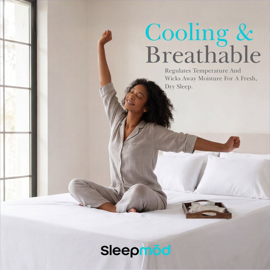 Woman in pajamas sitting on a bed with 'Sleepmod' branding and text about cooling and breathability.