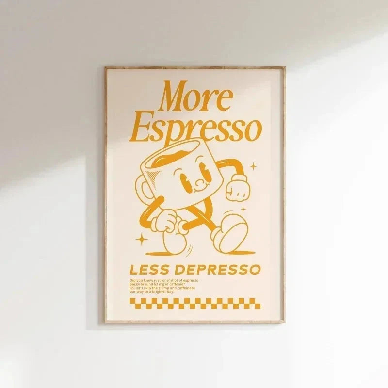 More Espresso Less Depresso Wall Art – Retro Coffee Quote Print for Kitchen & Home Café