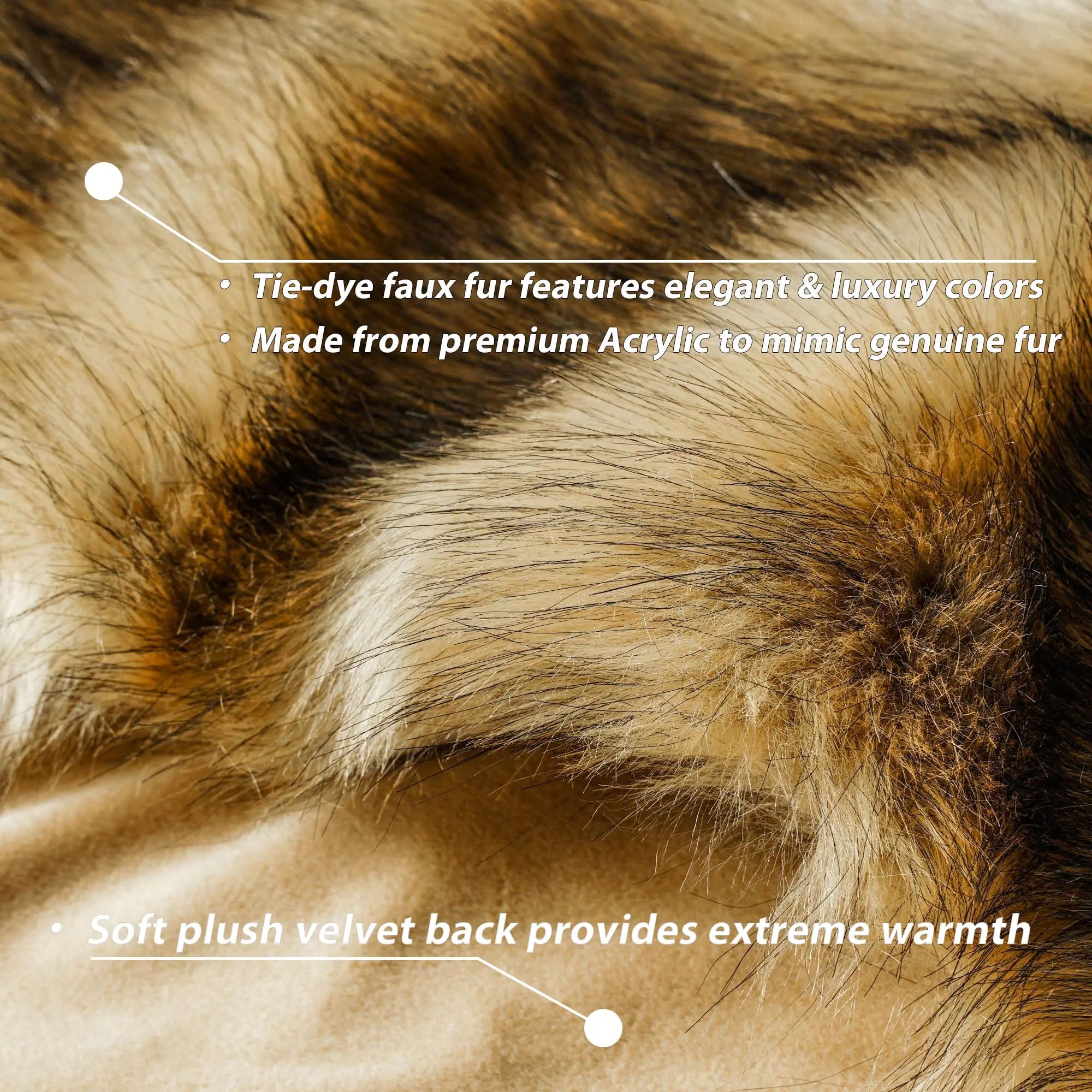Close-up of tie-dye faux fur with text highlighting features
