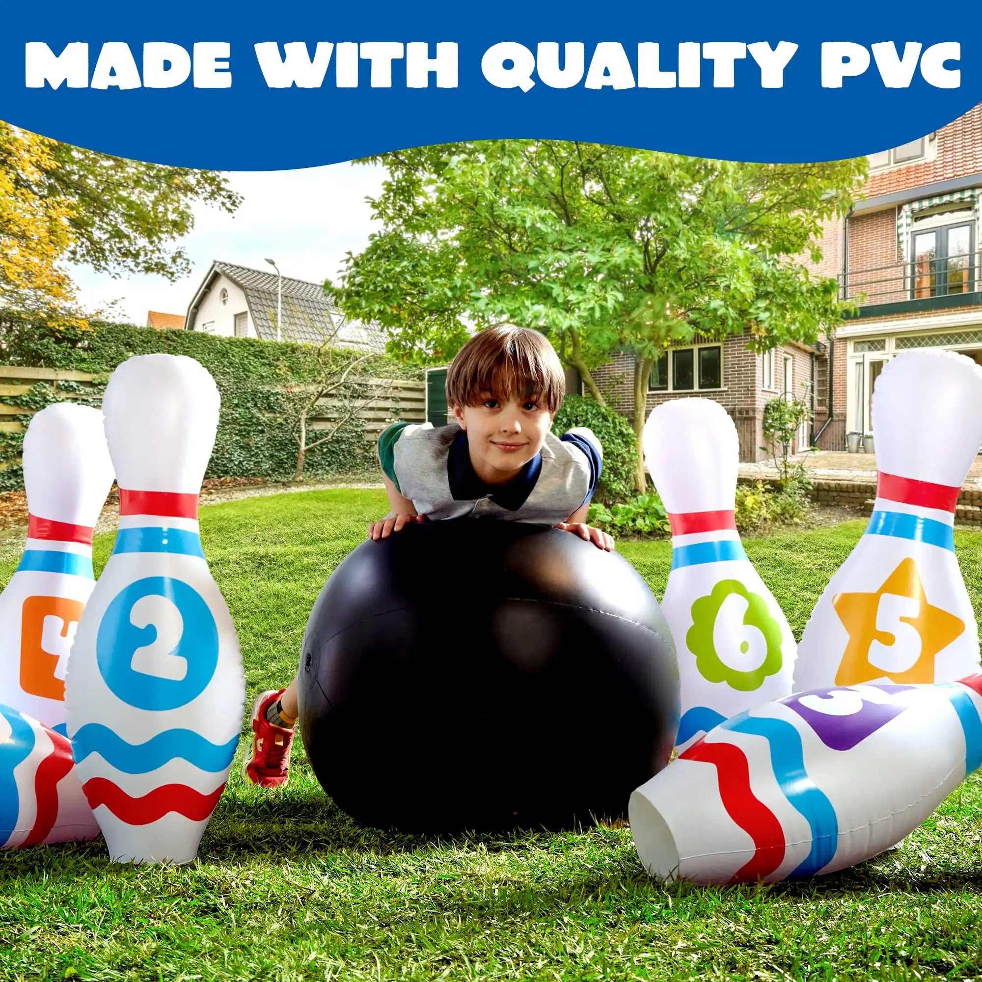 Child playing with inflatable bowling pins and ball in a garden, with text 'Made with Quality PVC'.