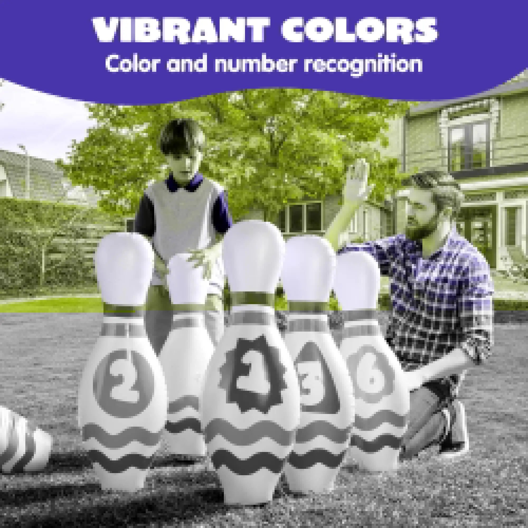 Two people playing with oversized bowling pins in a backyard setting, with text about color and number recognition.