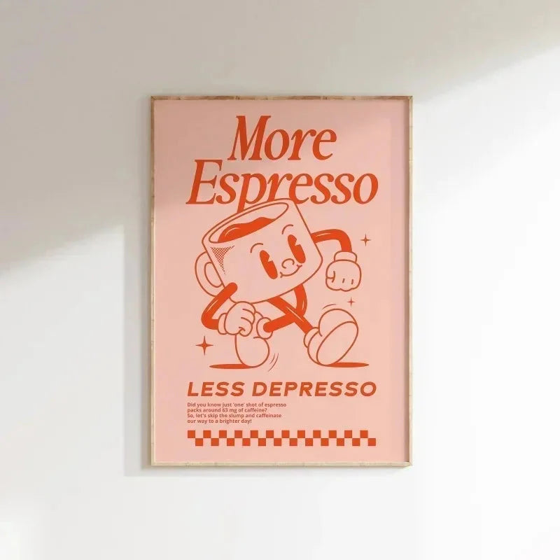 More Espresso Less Depresso Wall Art – Retro Coffee Quote Print for Kitchen & Home Café