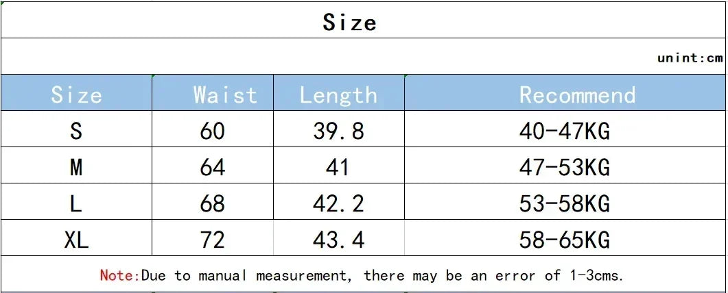 Size chart for clothing with waist, length, and recommended weight measurements.